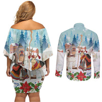 Romania Christmas Couples Matching Off Shoulder Short Dress and Long Sleeve Button Shirt Romanian Folklore Traditional Christmas Mask - Wonder Print Shop