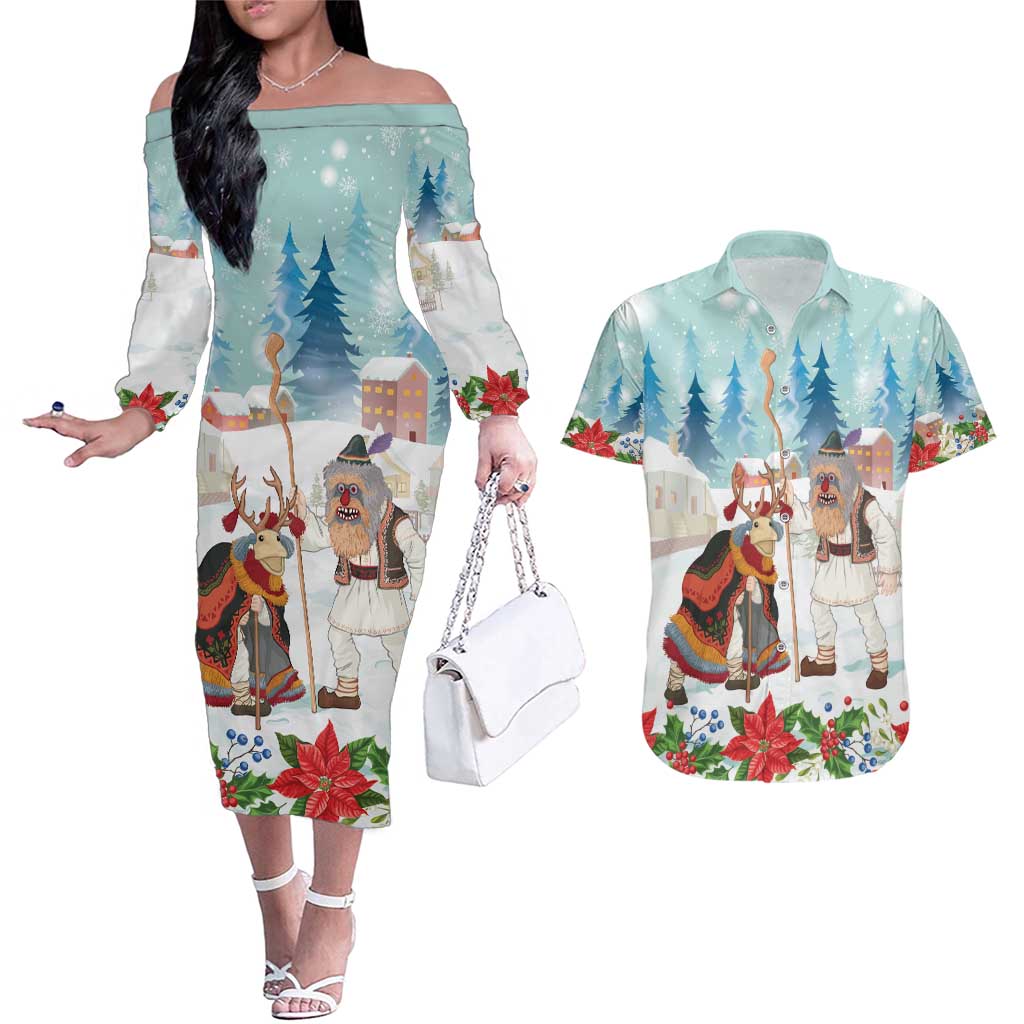 Romania Christmas Couples Matching Off The Shoulder Long Sleeve Dress and Hawaiian Shirt Romanian Folklore Traditional Christmas Mask - Wonder Print Shop