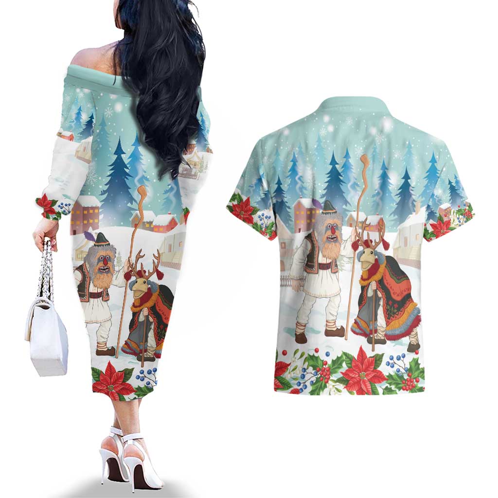 Romania Christmas Couples Matching Off The Shoulder Long Sleeve Dress and Hawaiian Shirt Romanian Folklore Traditional Christmas Mask - Wonder Print Shop