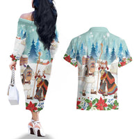 Romania Christmas Couples Matching Off The Shoulder Long Sleeve Dress and Hawaiian Shirt Romanian Folklore Traditional Christmas Mask - Wonder Print Shop