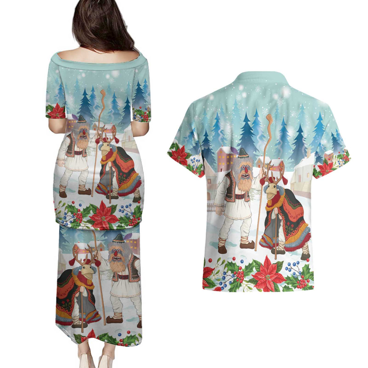 Romania Christmas Couples Matching Puletasi and Hawaiian Shirt Romanian Folklore Traditional Christmas Mask - Wonder Print Shop