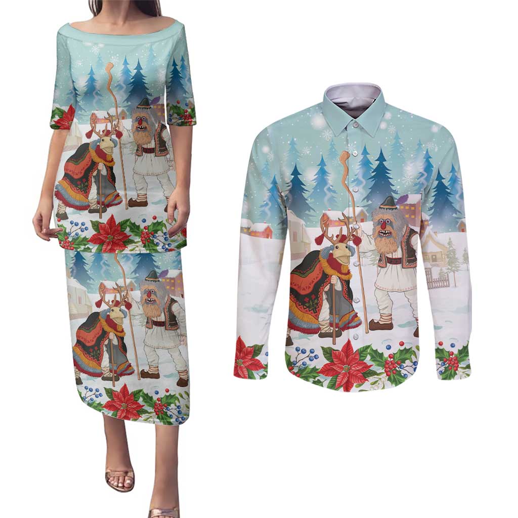 Romania Christmas Couples Matching Puletasi and Long Sleeve Button Shirt Romanian Folklore Traditional Christmas Mask - Wonder Print Shop