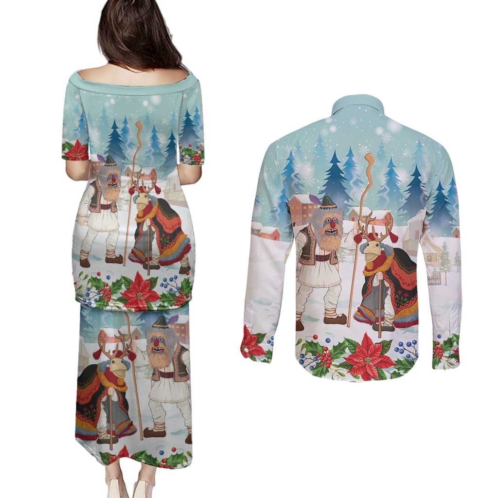 Romania Christmas Couples Matching Puletasi and Long Sleeve Button Shirt Romanian Folklore Traditional Christmas Mask - Wonder Print Shop