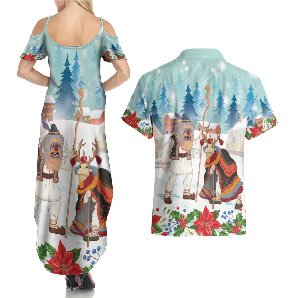 Romania Christmas Couples Matching Summer Maxi Dress and Hawaiian Shirt Romanian Folklore Traditional Christmas Mask - Wonder Print Shop