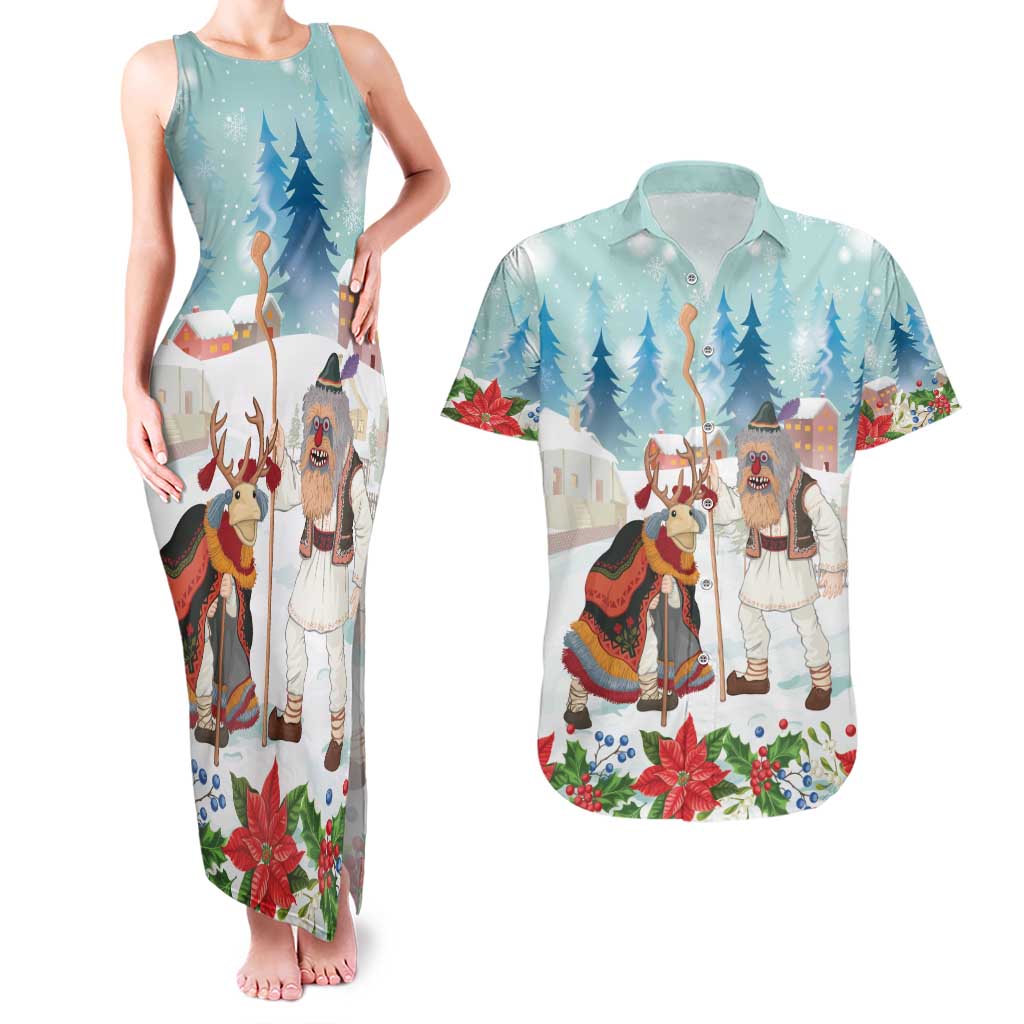 Romania Christmas Couples Matching Tank Maxi Dress and Hawaiian Shirt Romanian Folklore Traditional Christmas Mask - Wonder Print Shop