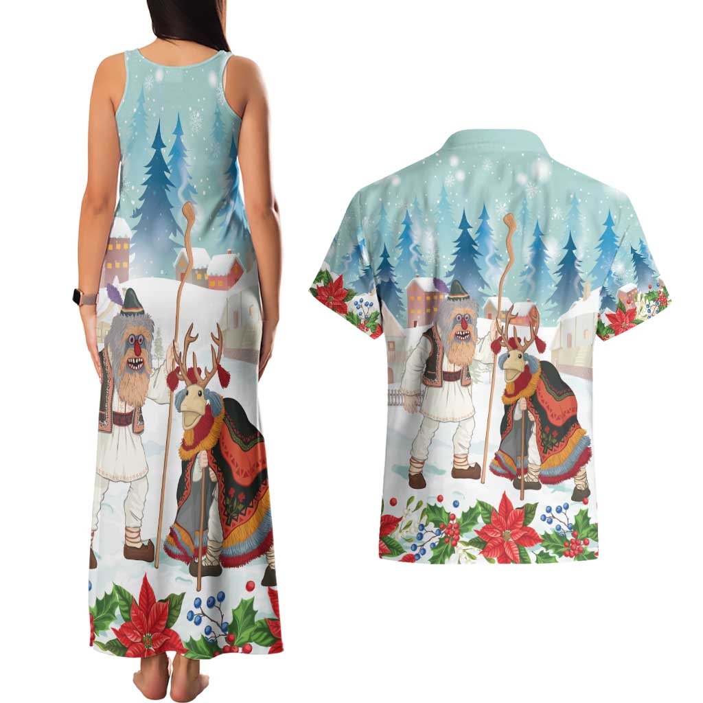 Romania Christmas Couples Matching Tank Maxi Dress and Hawaiian Shirt Romanian Folklore Traditional Christmas Mask - Wonder Print Shop