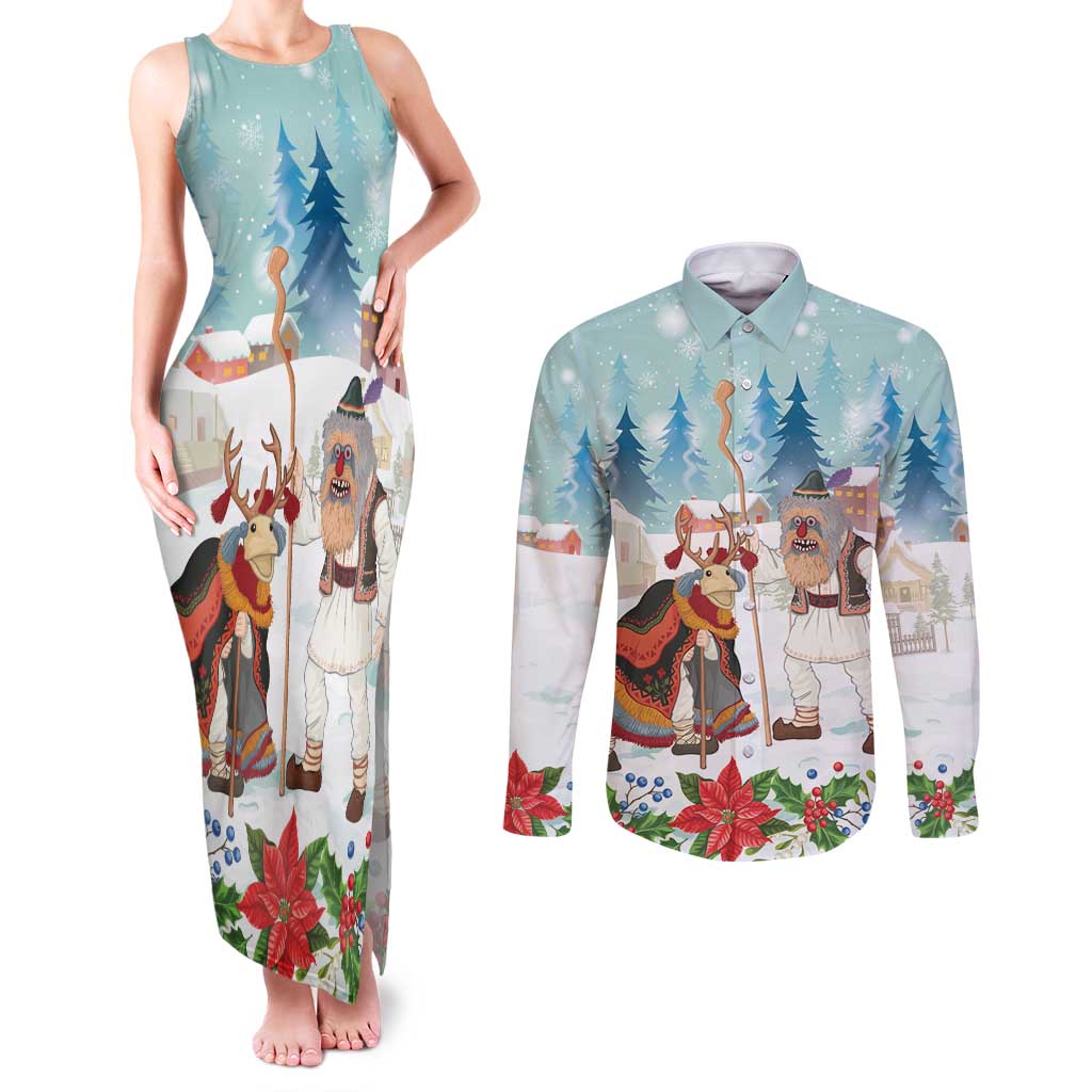 Romania Christmas Couples Matching Tank Maxi Dress and Long Sleeve Button Shirt Romanian Folklore Traditional Christmas Mask - Wonder Print Shop