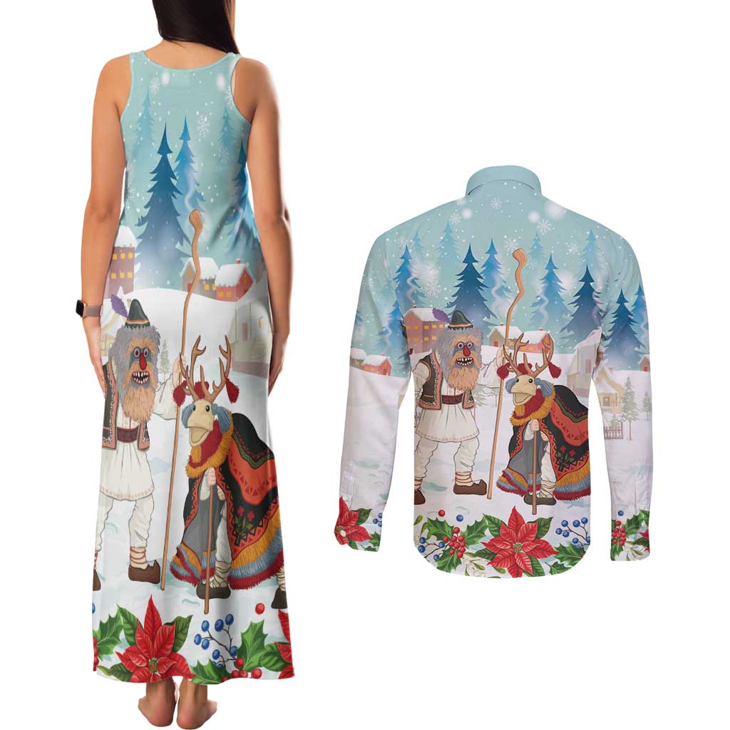 Romania Christmas Couples Matching Tank Maxi Dress and Long Sleeve Button Shirt Romanian Folklore Traditional Christmas Mask - Wonder Print Shop