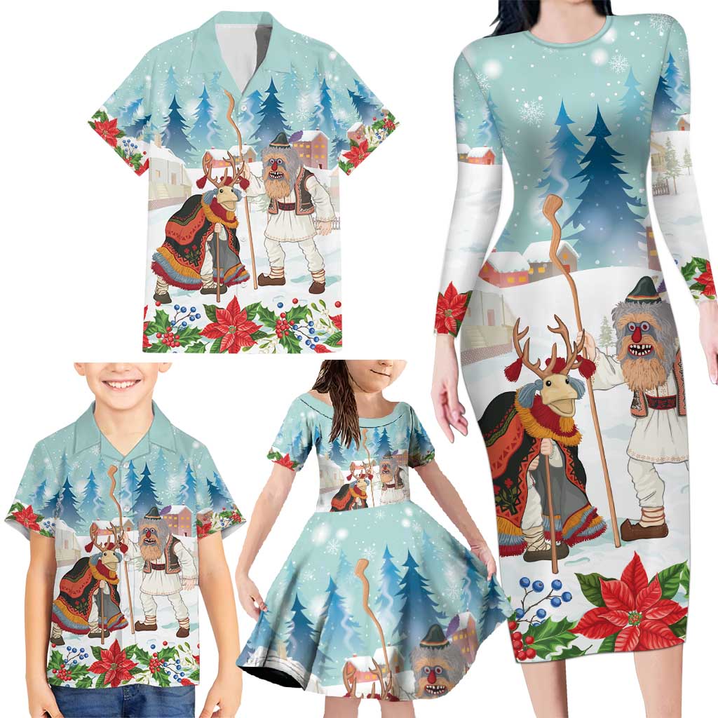 Romania Christmas Family Matching Long Sleeve Bodycon Dress and Hawaiian Shirt Romanian Folklore Traditional Christmas Mask - Wonder Print Shop