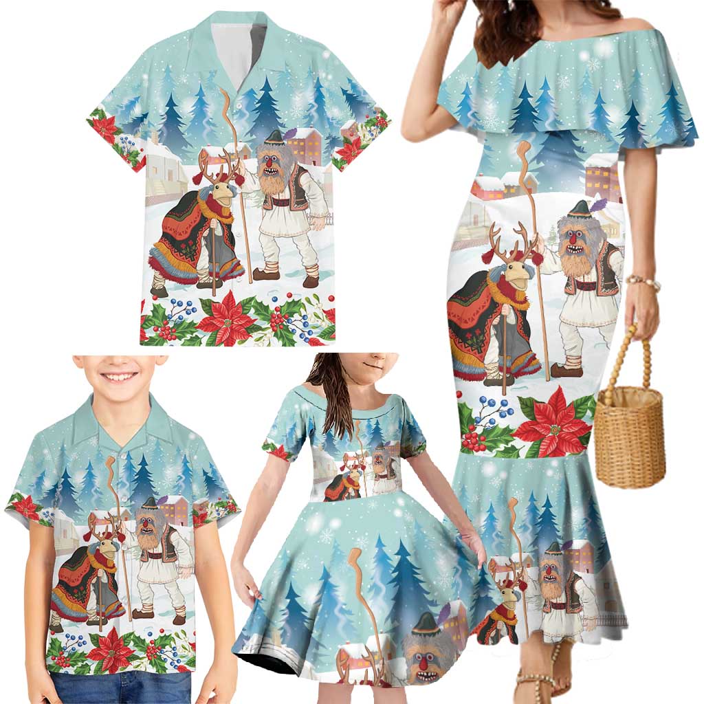 Romania Christmas Family Matching Mermaid Dress and Hawaiian Shirt Romanian Folklore Traditional Christmas Mask - Wonder Print Shop
