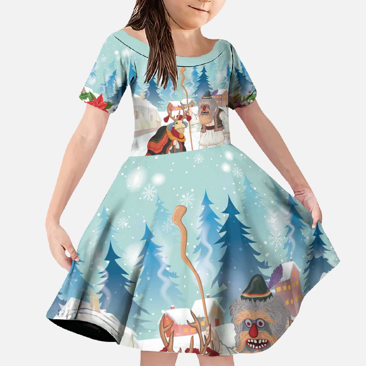 Romania Christmas Family Matching Off The Shoulder Long Sleeve Dress and Hawaiian Shirt Romanian Folklore Traditional Christmas Mask - Wonder Print Shop