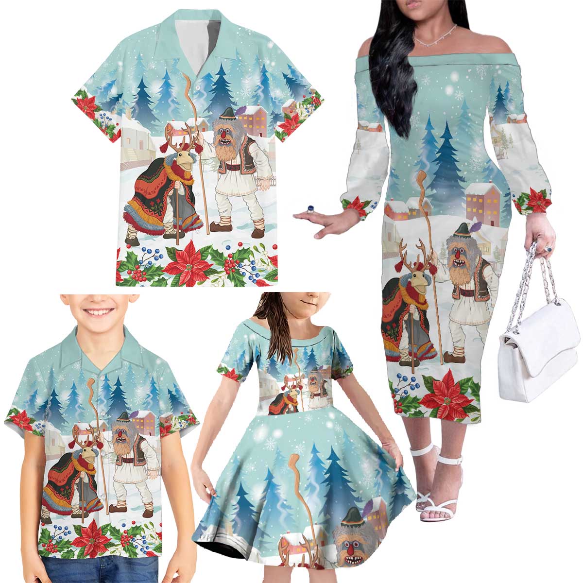 Romania Christmas Family Matching Off The Shoulder Long Sleeve Dress and Hawaiian Shirt Romanian Folklore Traditional Christmas Mask - Wonder Print Shop