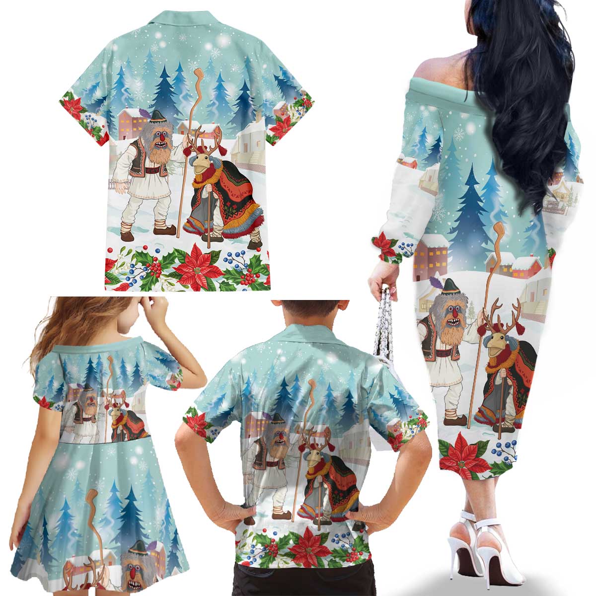 Romania Christmas Family Matching Off The Shoulder Long Sleeve Dress and Hawaiian Shirt Romanian Folklore Traditional Christmas Mask - Wonder Print Shop