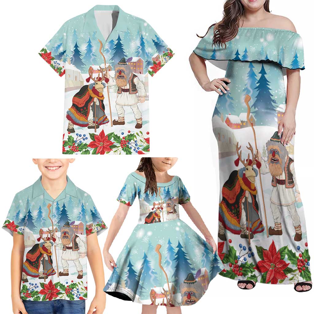 Romania Christmas Family Matching Off Shoulder Maxi Dress and Hawaiian Shirt Romanian Folklore Traditional Christmas Mask - Wonder Print Shop