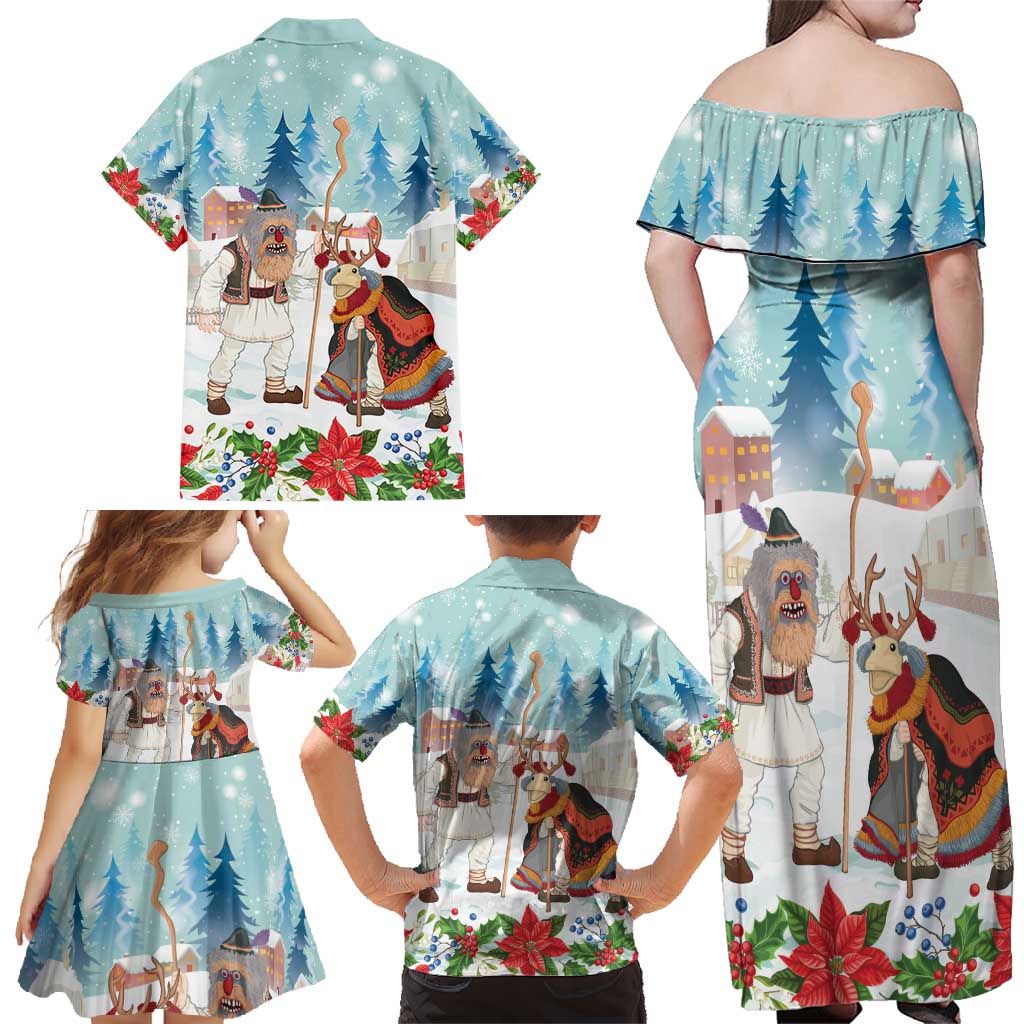 Romania Christmas Family Matching Off Shoulder Maxi Dress and Hawaiian Shirt Romanian Folklore Traditional Christmas Mask - Wonder Print Shop