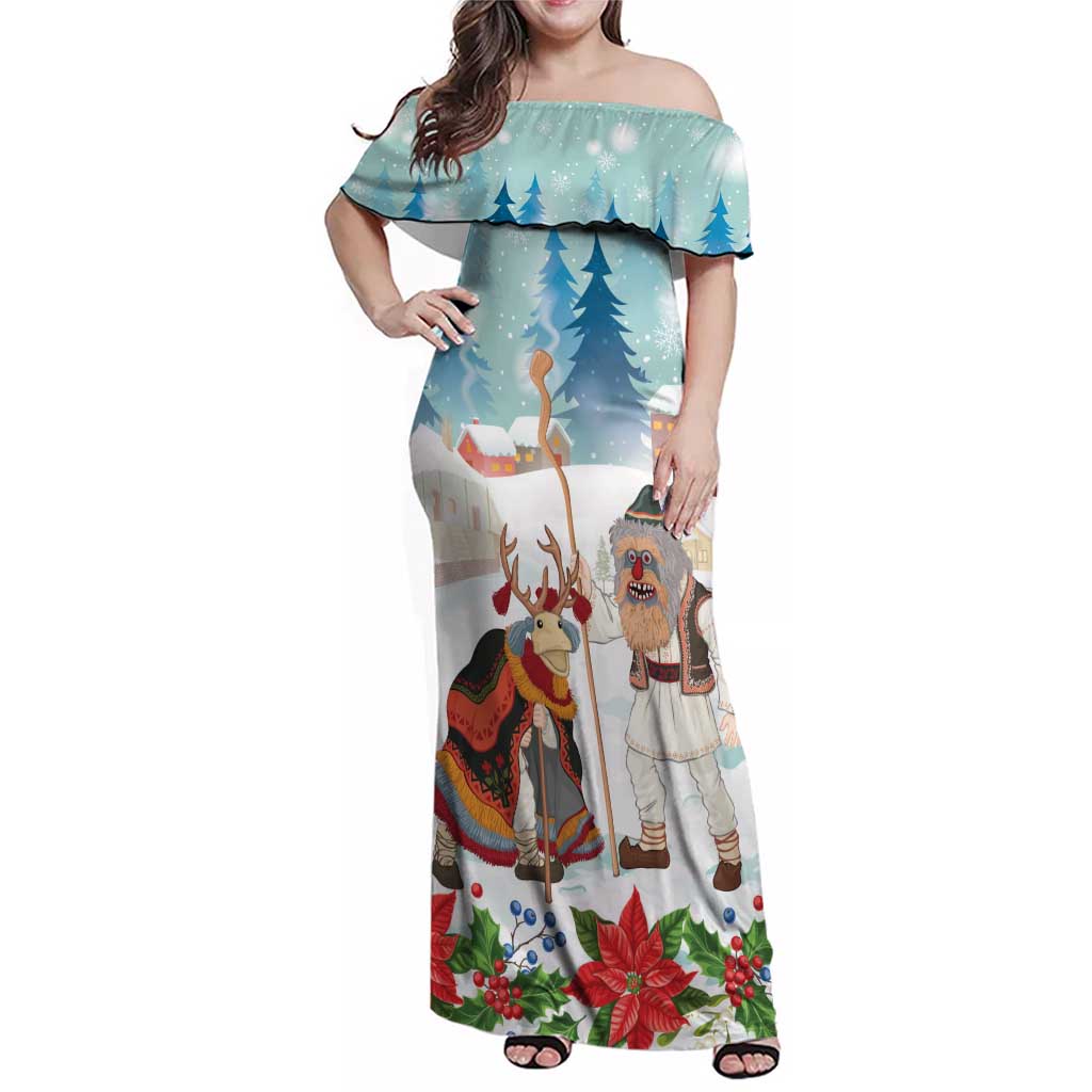 Romania Christmas Family Matching Off Shoulder Maxi Dress and Hawaiian Shirt Romanian Folklore Traditional Christmas Mask - Wonder Print Shop