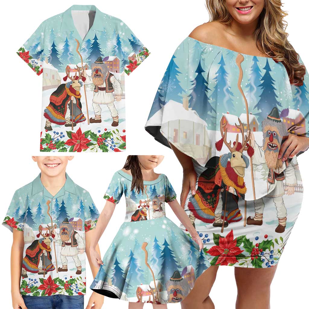 Romania Christmas Family Matching Off Shoulder Short Dress and Hawaiian Shirt Romanian Folklore Traditional Christmas Mask - Wonder Print Shop
