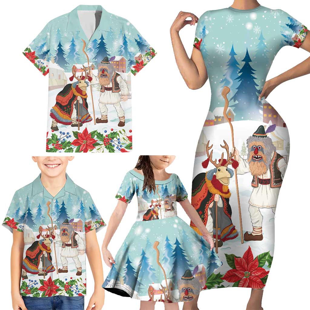 Romania Christmas Family Matching Short Sleeve Bodycon Dress and Hawaiian Shirt Romanian Folklore Traditional Christmas Mask - Wonder Print Shop