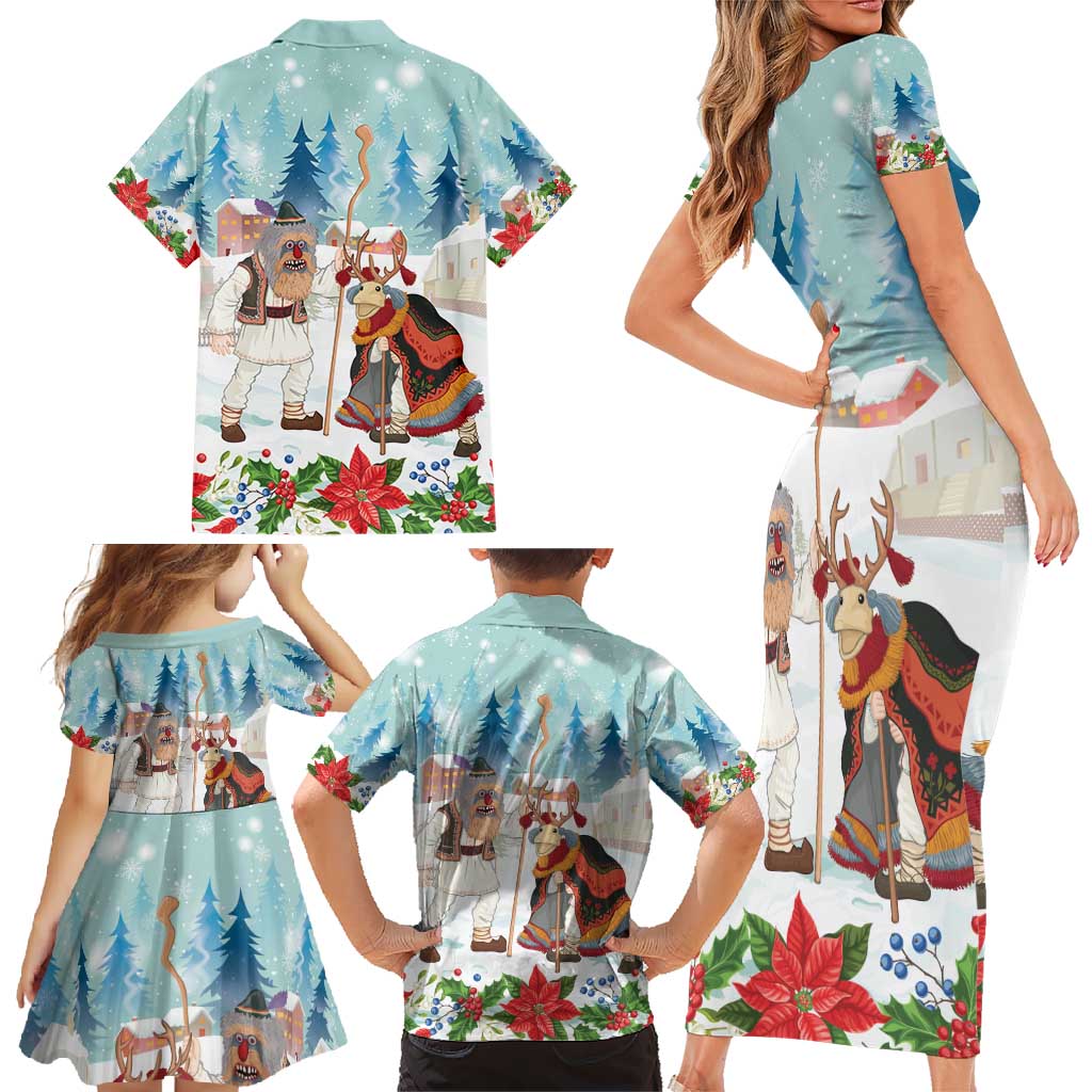 Romania Christmas Family Matching Short Sleeve Bodycon Dress and Hawaiian Shirt Romanian Folklore Traditional Christmas Mask - Wonder Print Shop
