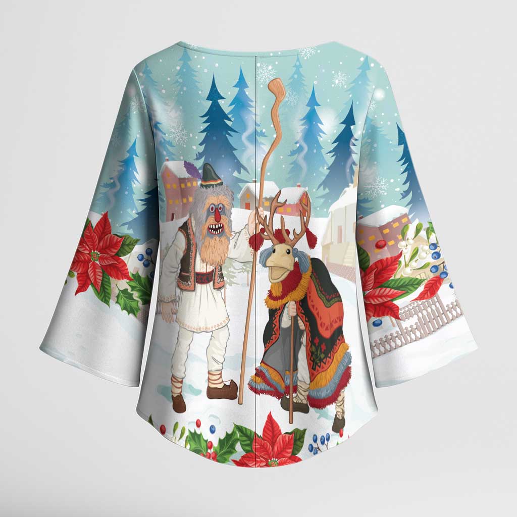 Romania Christmas Kimono Sleeve Blouse Romanian Folklore Traditional Christmas Mask - Wonder Print Shop