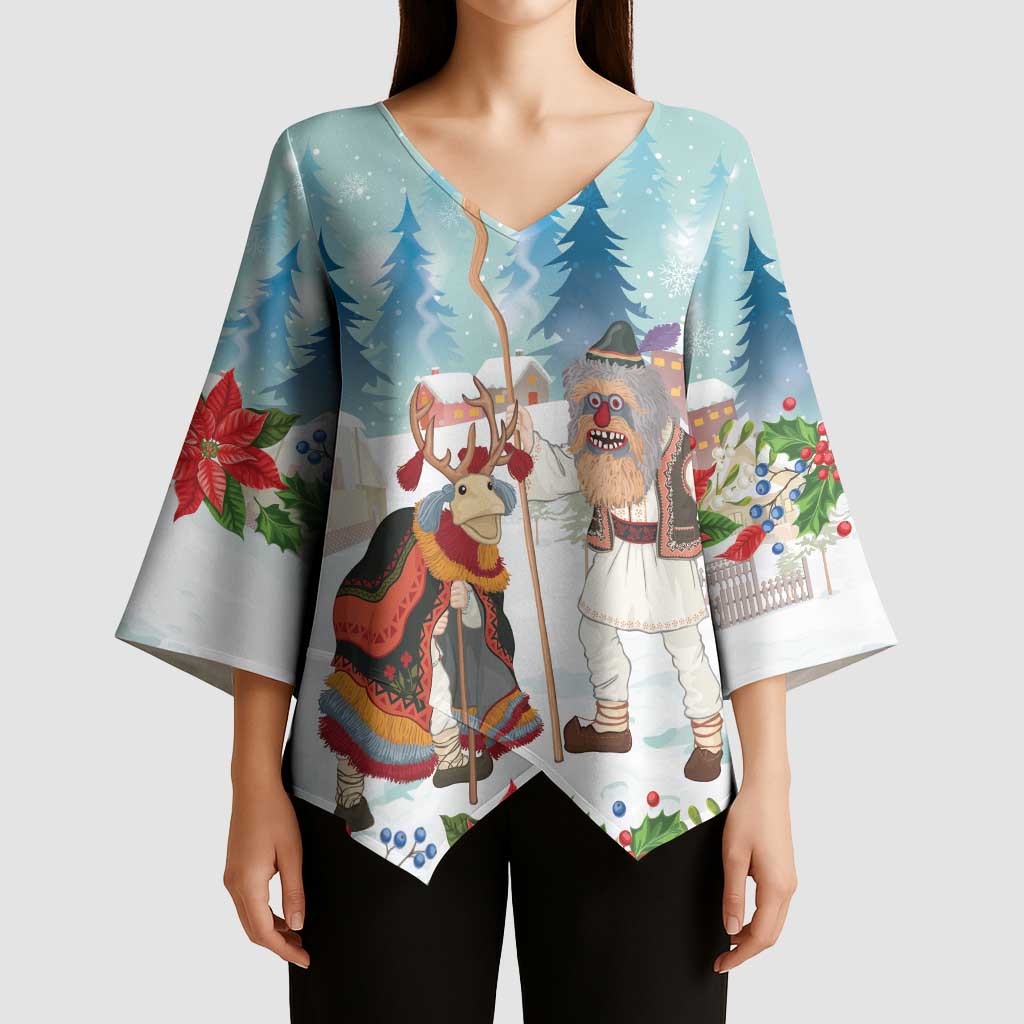 Romania Christmas Kimono Sleeve Blouse Romanian Folklore Traditional Christmas Mask - Wonder Print Shop