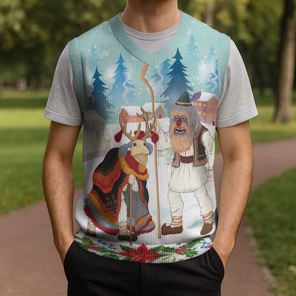 Romania Christmas Knitted V-Neck Vest Romanian Folklore  Traditional Christmas Mask - Wonder Print Shop