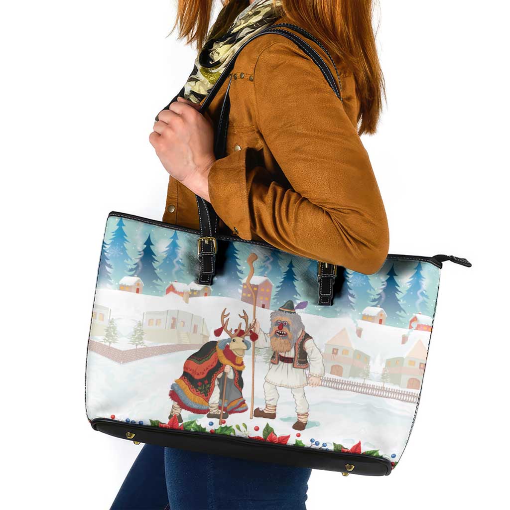 Romania Christmas Leather Tote Bag Romanian Folklore Traditional Christmas Mask - Wonder Print Shop