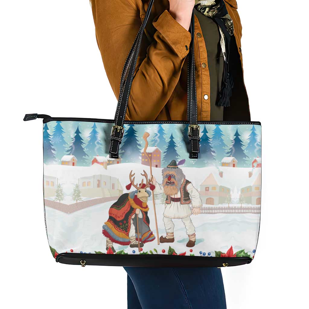 Romania Christmas Leather Tote Bag Romanian Folklore Traditional Christmas Mask - Wonder Print Shop