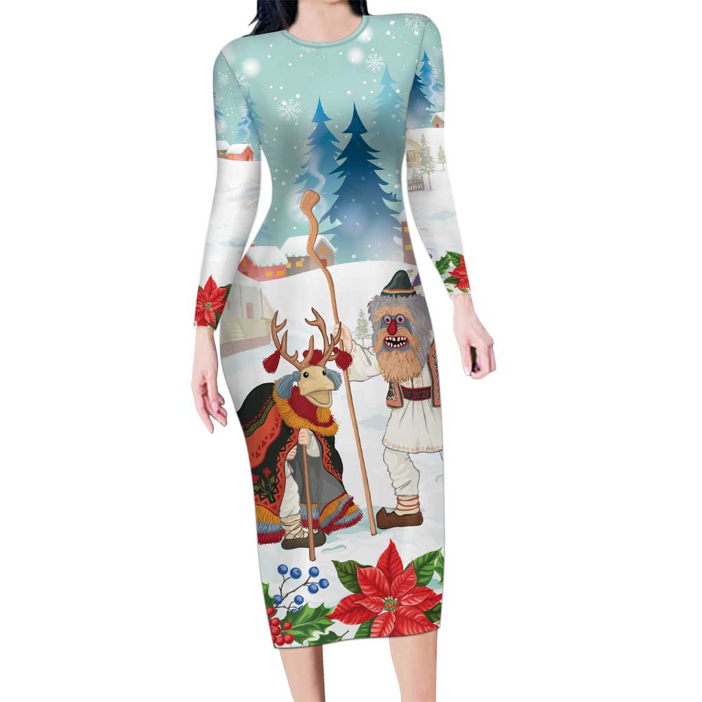 Romania Christmas Long Sleeve Bodycon Dress Romanian Folklore Traditional Christmas Mask - Wonder Print Shop