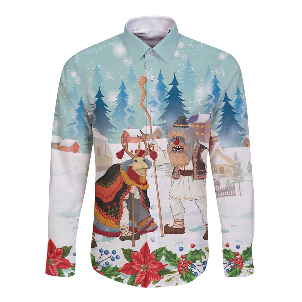 Romania Christmas Long Sleeve Button Shirt Romanian Folklore Traditional Christmas Mask - Wonder Print Shop