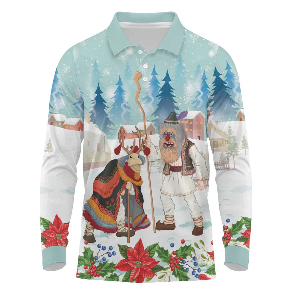 Romania Christmas Long Sleeve Polo Shirt Romanian Folklore Traditional Christmas Mask - Wonder Print Shop