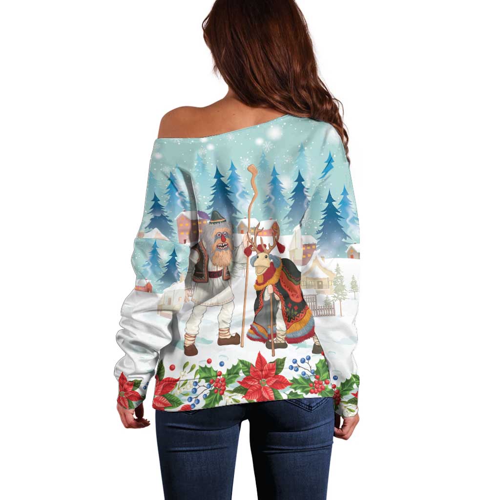 Romania Christmas Off Shoulder Sweater Romanian Folklore Traditional Christmas Mask - Wonder Print Shop