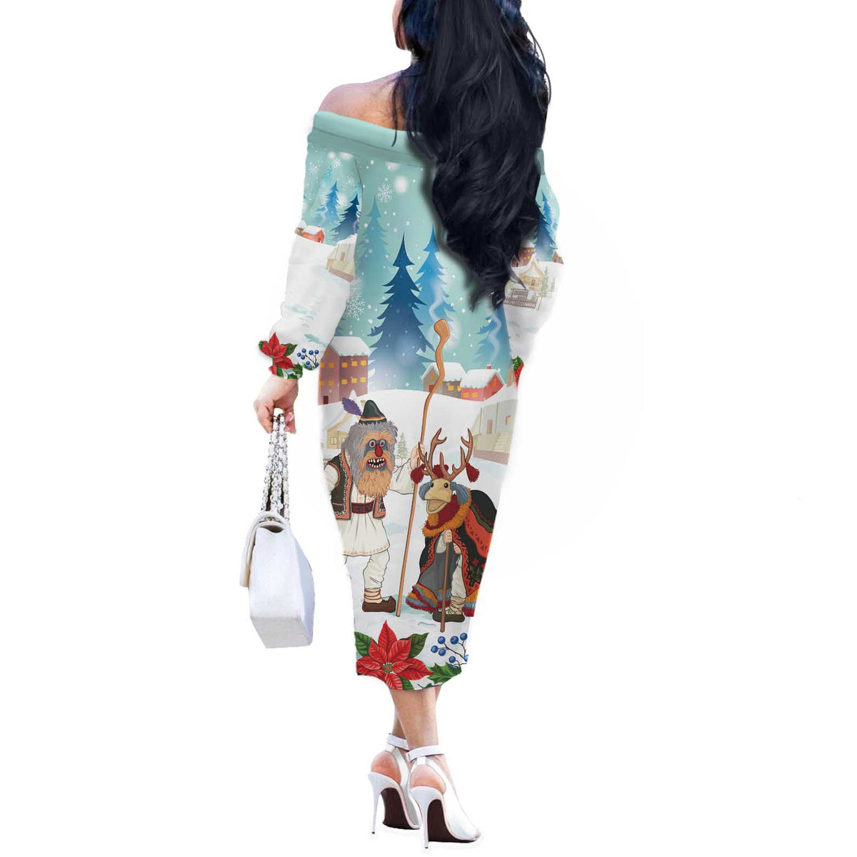 Romania Christmas Off The Shoulder Long Sleeve Dress Romanian Folklore Traditional Christmas Mask - Wonder Print Shop