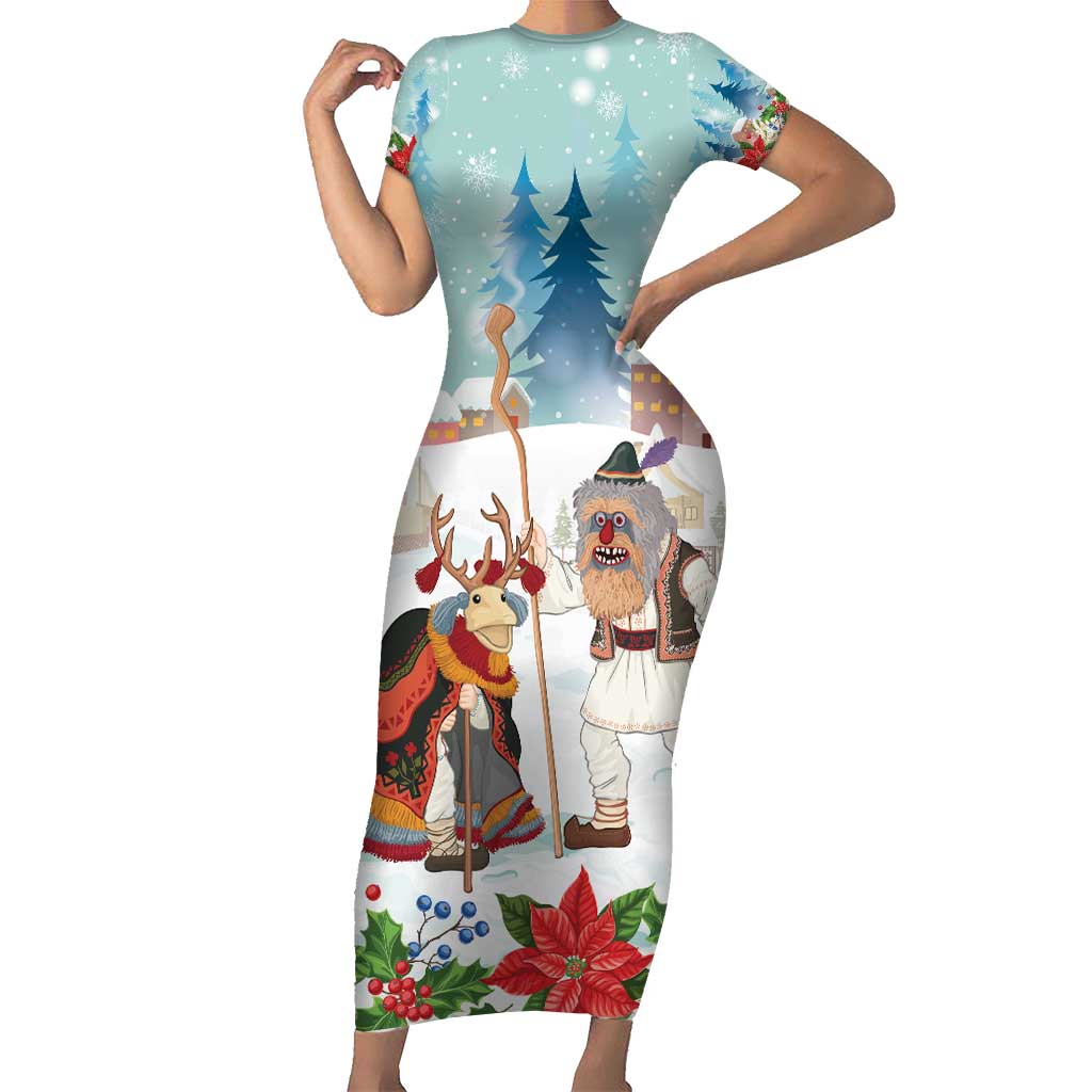 Romania Christmas Short Sleeve Bodycon Dress Romanian Folklore Traditional Christmas Mask - Wonder Print Shop