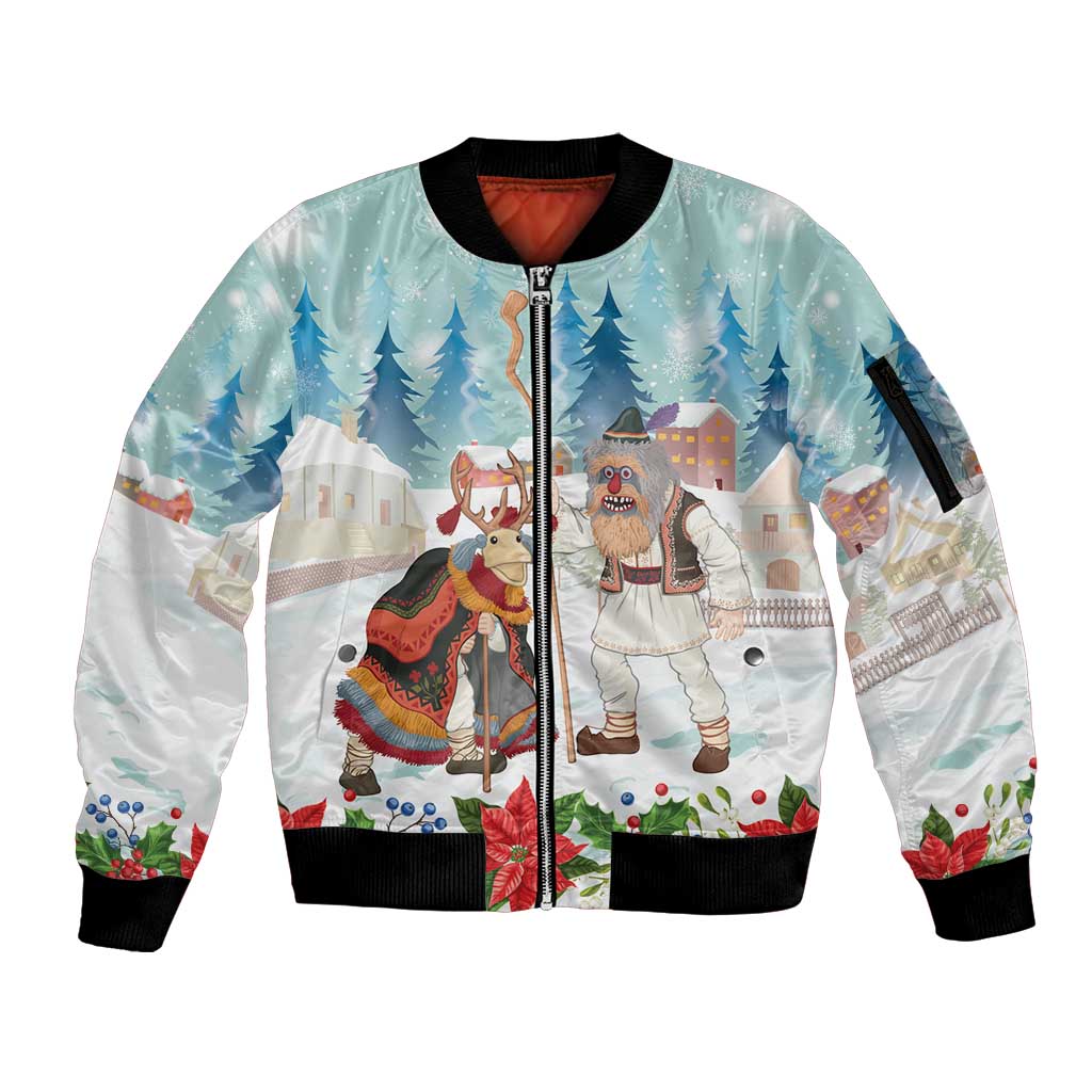 Romania Christmas Sleeve Zip Bomber Jacket Romanian Folklore Traditional Christmas Mask - Wonder Print Shop