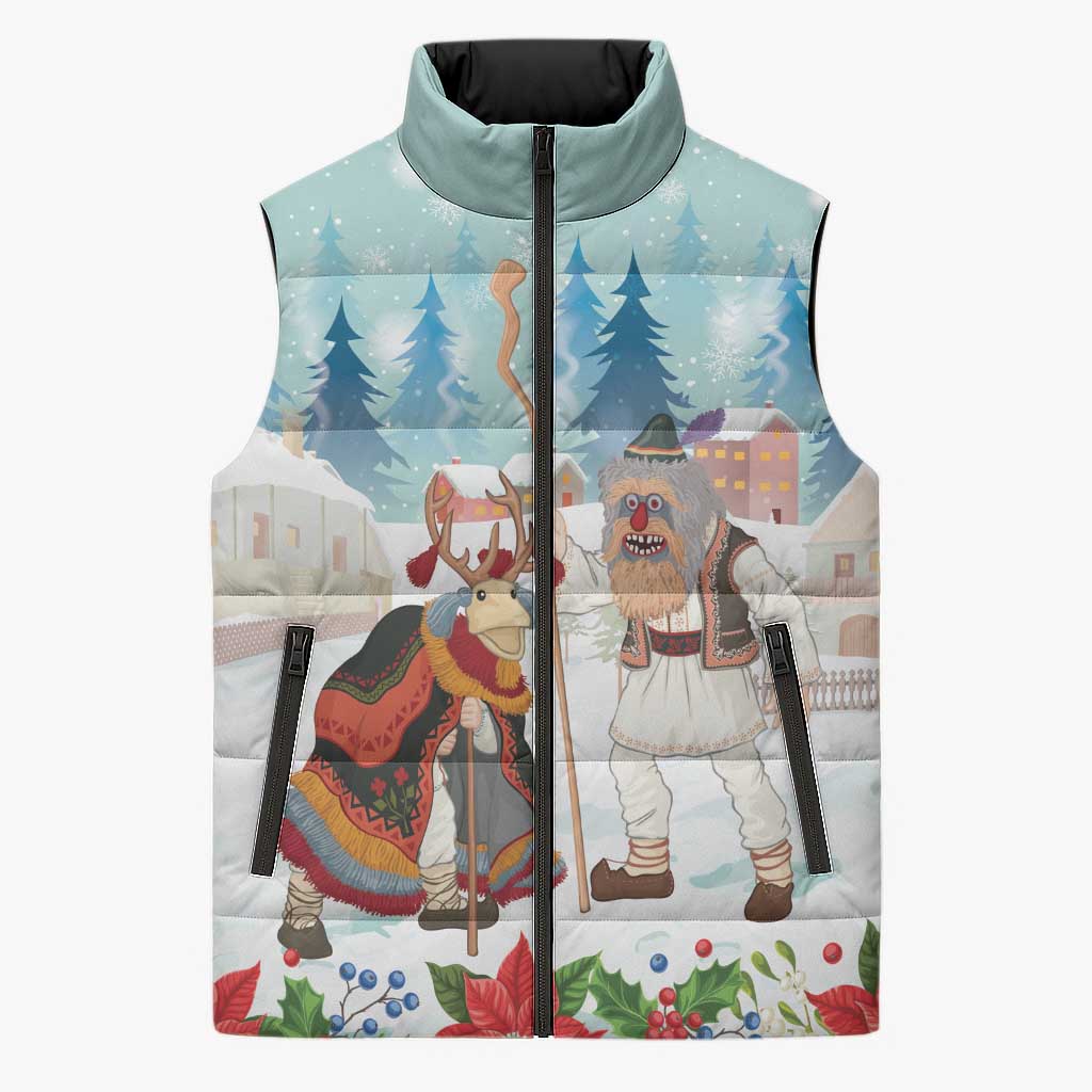 Romania Christmas Sleeveless Puffer Jacket Romanian Folklore Traditional Christmas Mask - Wonder Print Shop