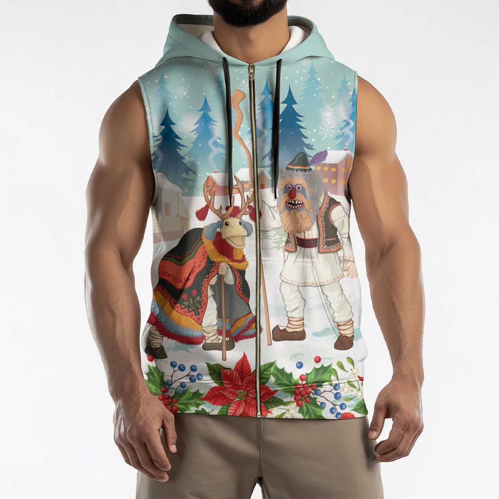 Romania Christmas Sleeveless Zip Hoodie Romanian Folklore Traditional Christmas Mask - Wonder Print Shop