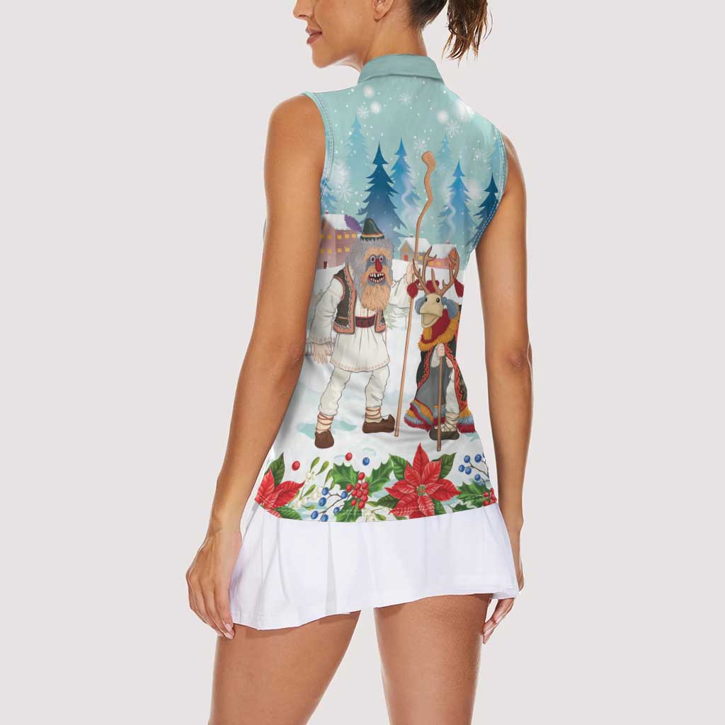 Romania Christmas Women Sleeveless Polo Shirt Romanian Folklore Traditional Christmas Mask - Wonder Print Shop