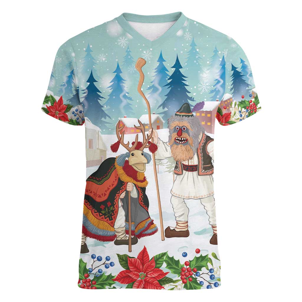 Romania Christmas Women V-Neck T-Shirt Romanian Folklore Traditional Christmas Mask - Wonder Print Shop