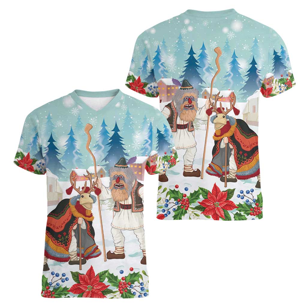Romania Christmas Women V-Neck T-Shirt Romanian Folklore Traditional Christmas Mask - Wonder Print Shop