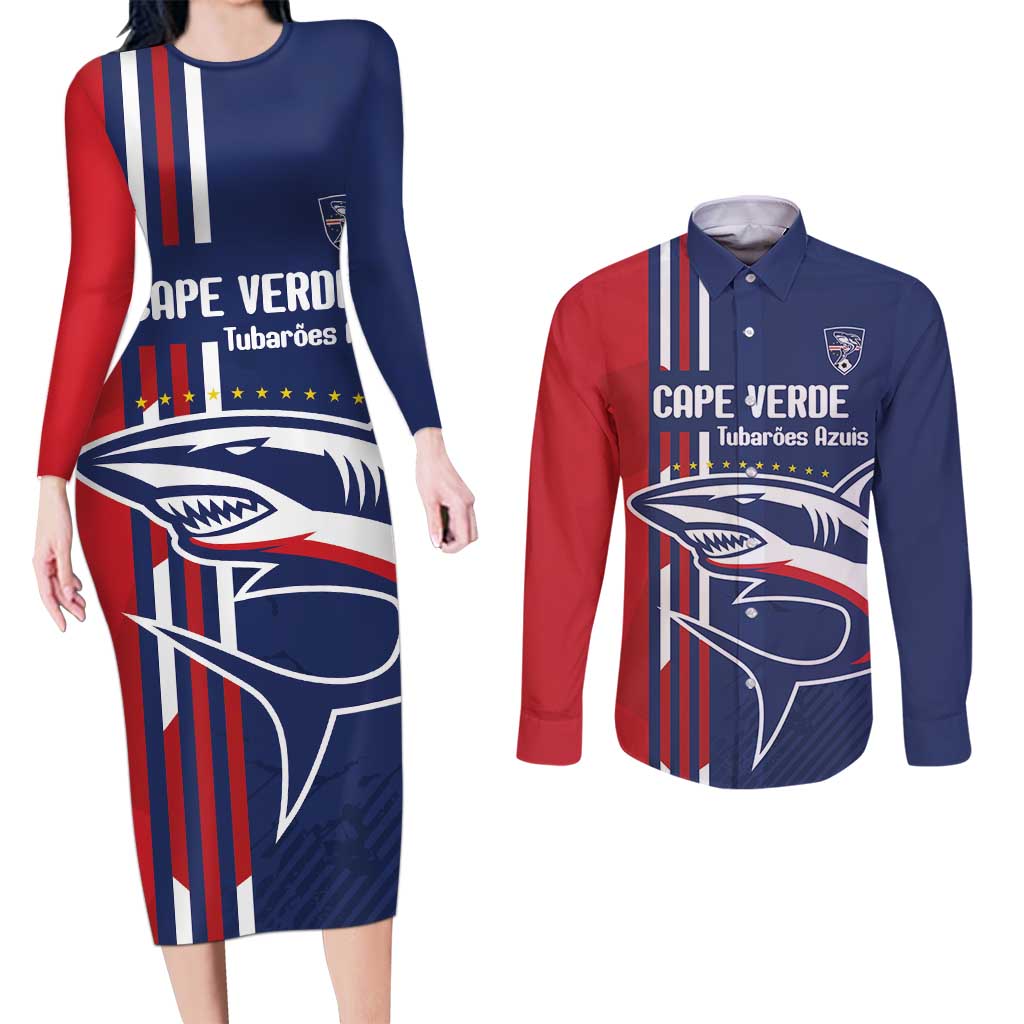 Cape Verde Football Couples Matching Long Sleeve Bodycon Dress and Long Sleeve Button Shirt Tubaroes Azuis Pride - Wonder Print Shop