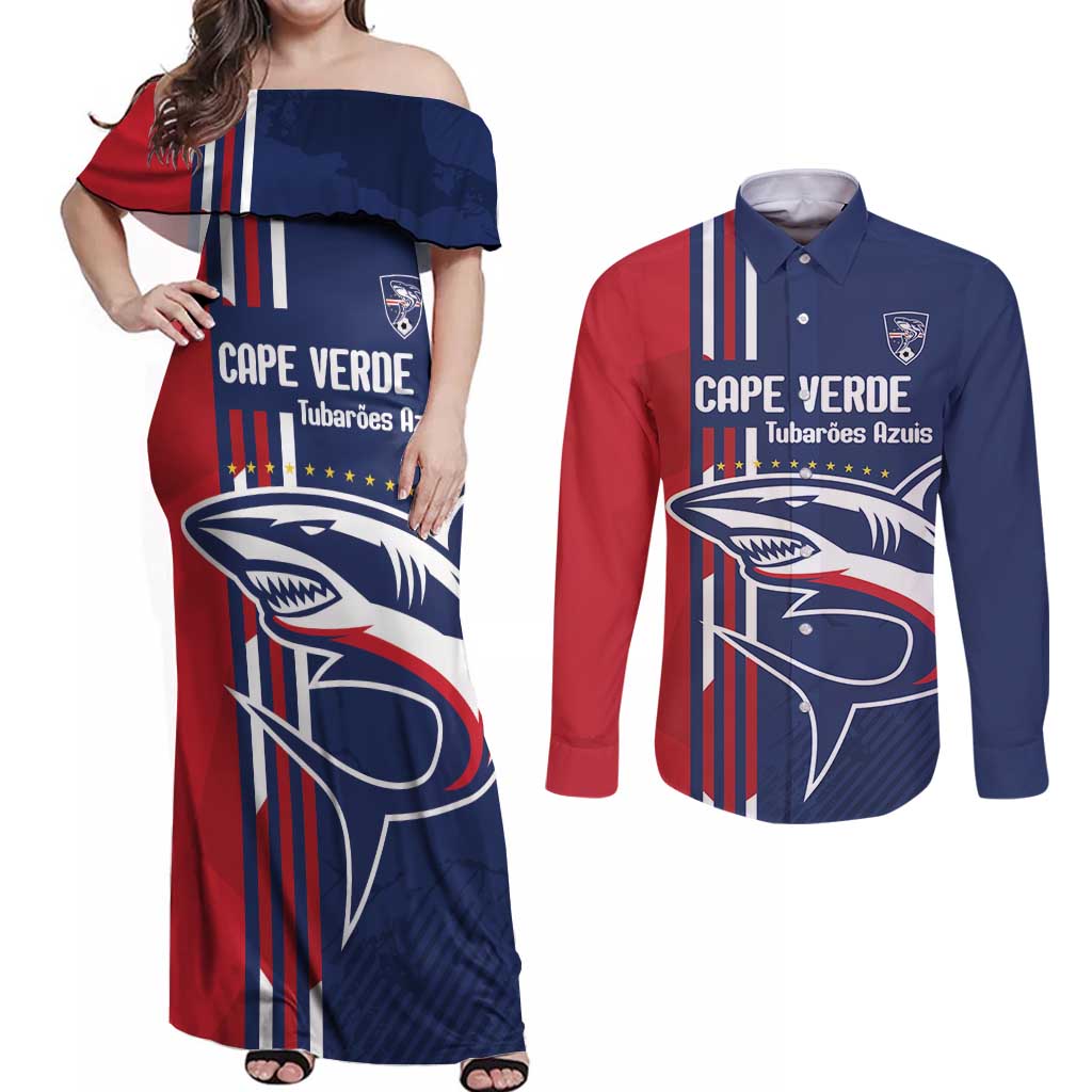 Cape Verde Football Couples Matching Off Shoulder Maxi Dress and Long Sleeve Button Shirt Tubaroes Azuis Pride - Wonder Print Shop