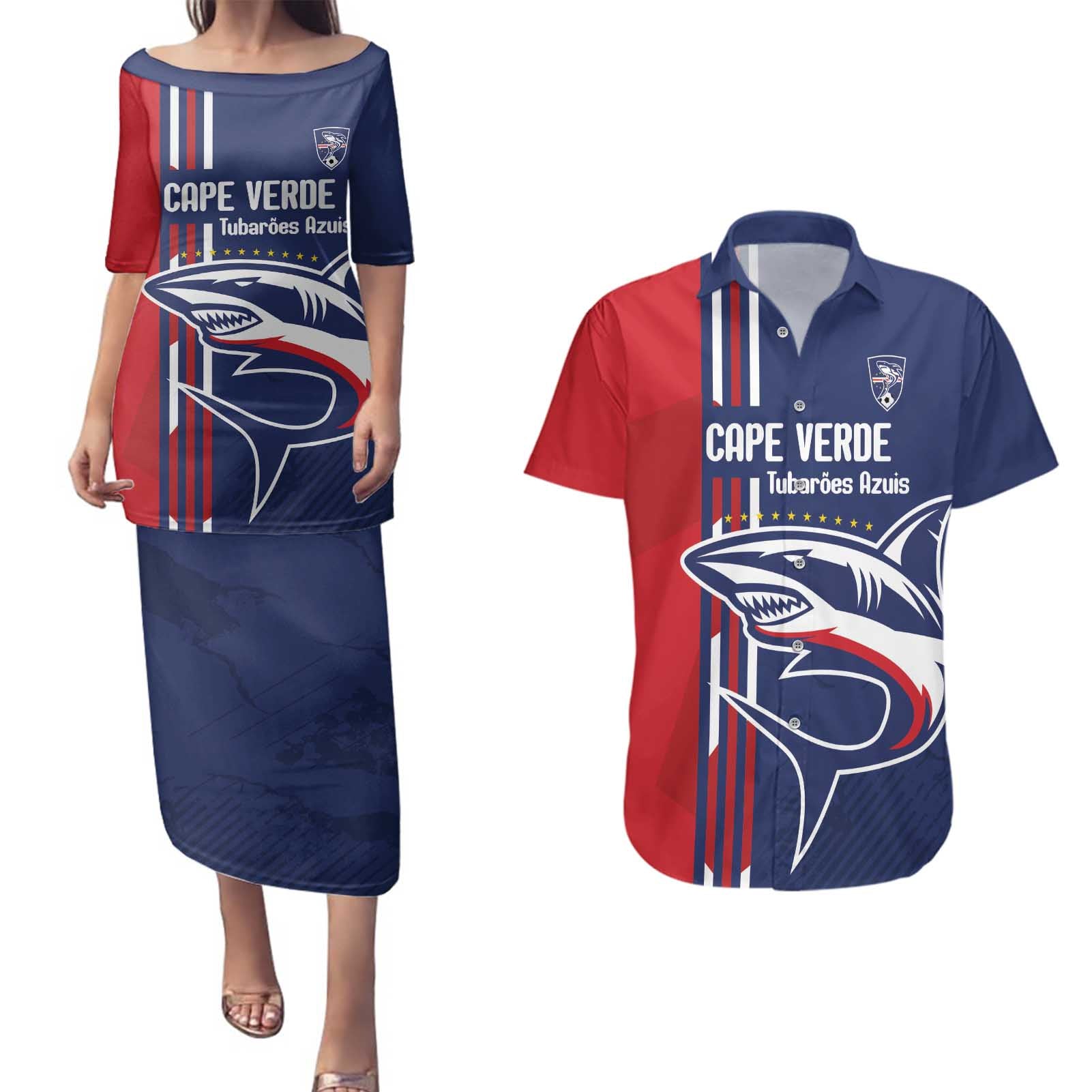 Cape Verde Football Couples Matching Puletasi and Hawaiian Shirt Tubaroes Azuis Pride - Wonder Print Shop