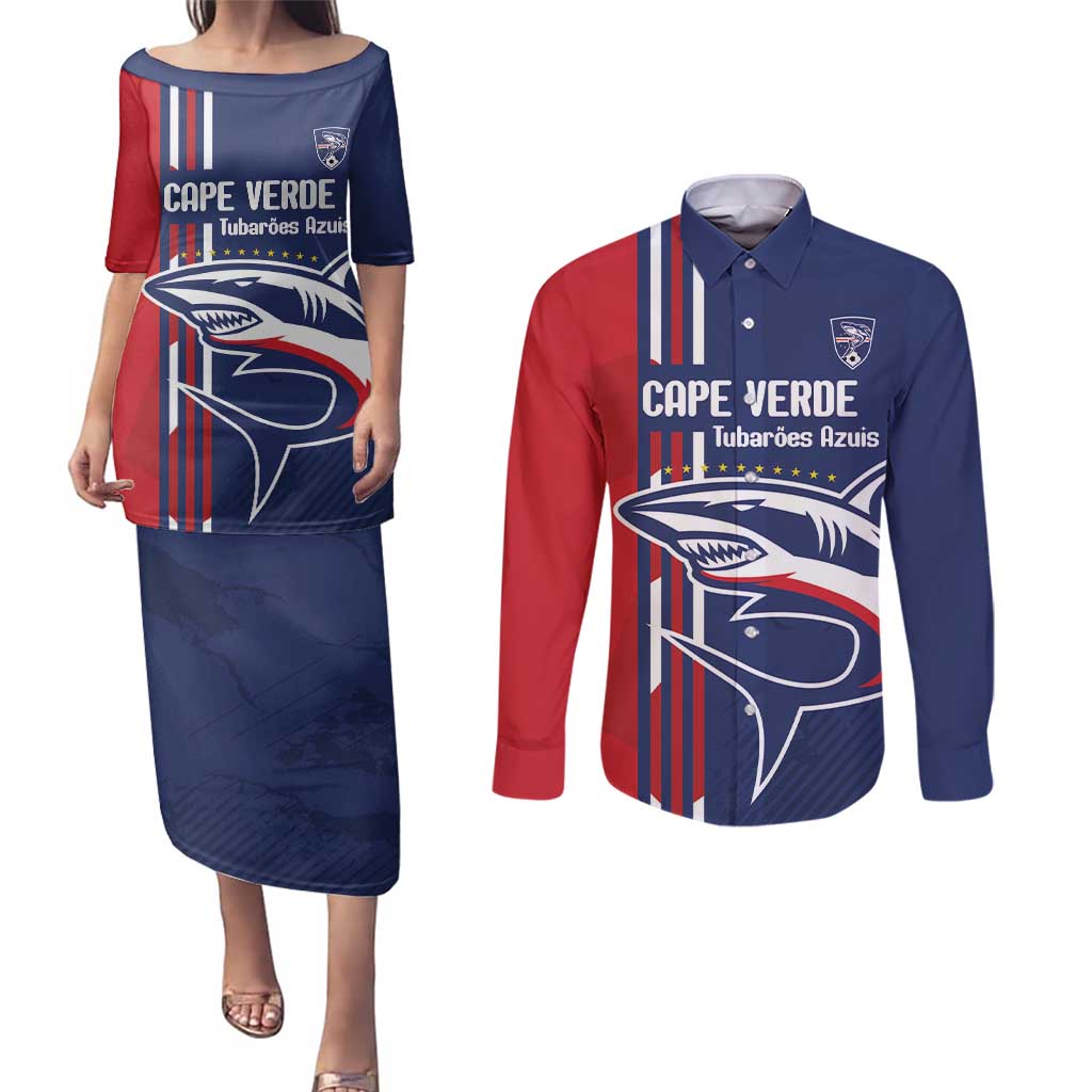 Cape Verde Football Couples Matching Puletasi and Long Sleeve Button Shirt Tubaroes Azuis Pride - Wonder Print Shop