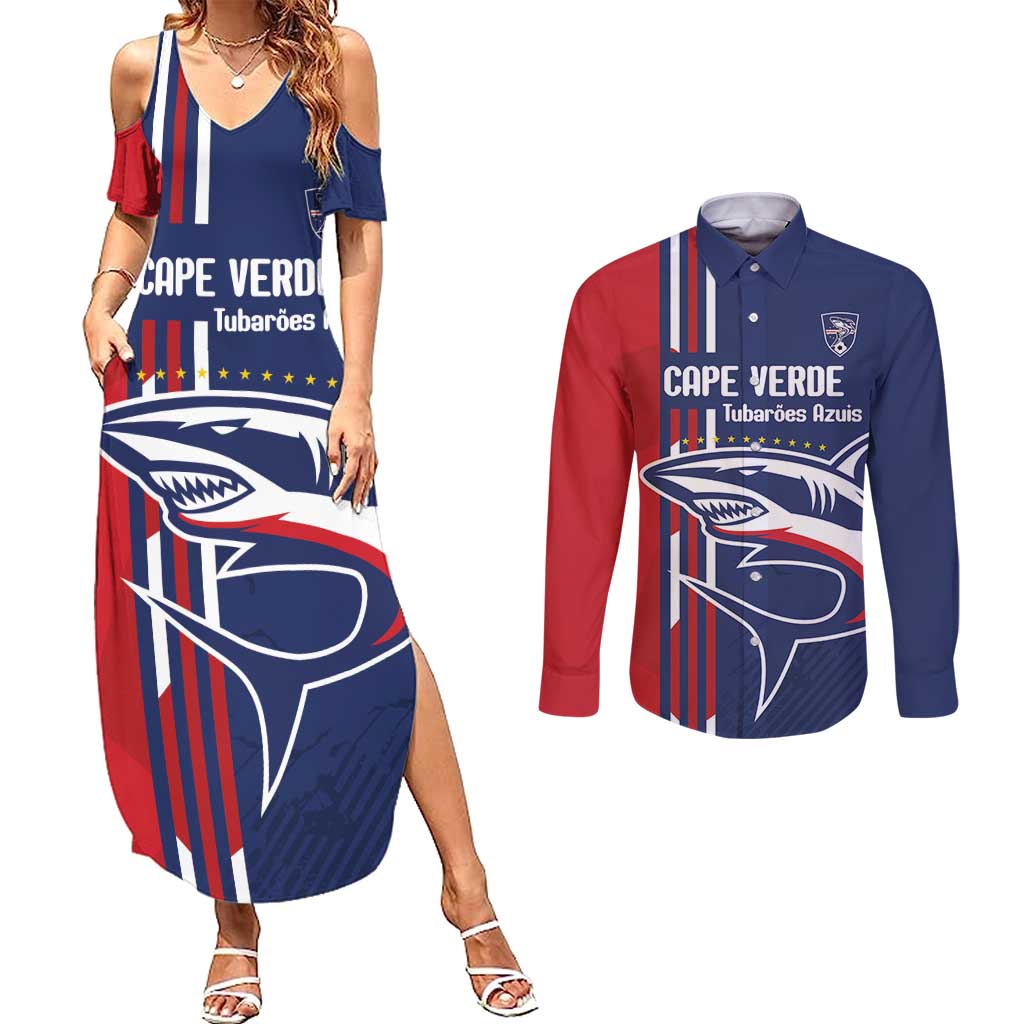 Cape Verde Football Couples Matching Summer Maxi Dress and Long Sleeve Button Shirt Tubaroes Azuis Pride - Wonder Print Shop