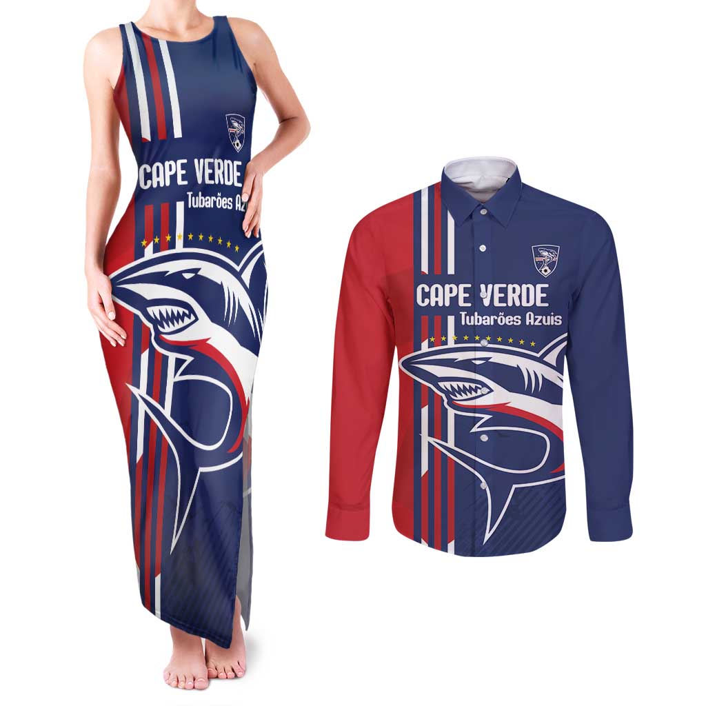 Cape Verde Football Couples Matching Tank Maxi Dress and Long Sleeve Button Shirt Tubaroes Azuis Pride - Wonder Print Shop