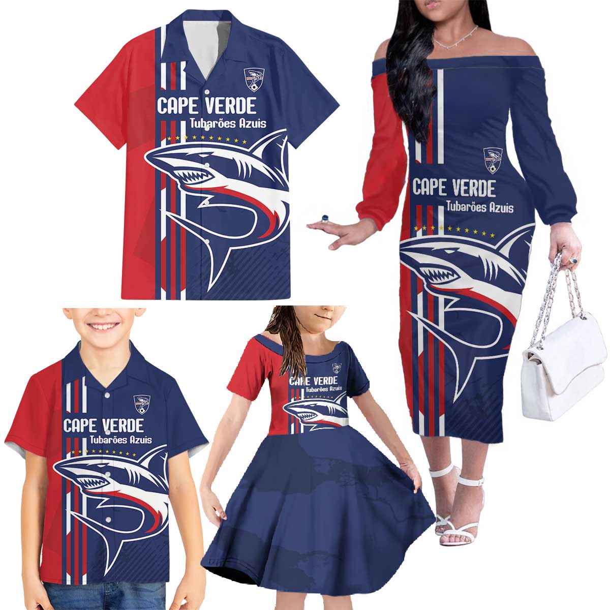 Cape Verde Football Family Matching Off The Shoulder Long Sleeve Dress and Hawaiian Shirt Tubaroes Azuis Pride - Wonder Print Shop