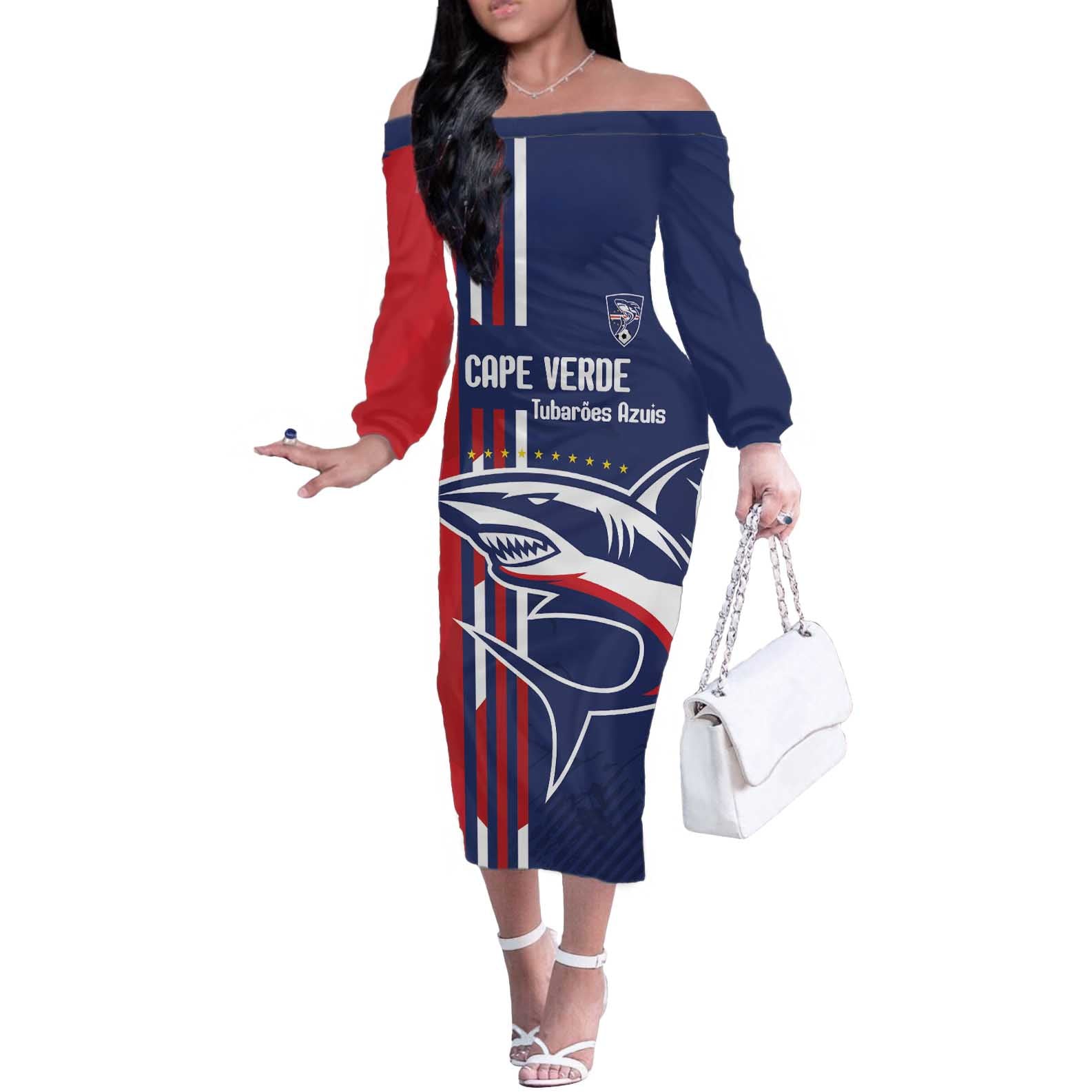 Cape Verde Football Off The Shoulder Long Sleeve Dress Tubaroes Azuis Pride - Wonder Print Shop
