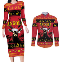 Angola Christmas Couples Matching Long Sleeve Bodycon Dress and Long Sleeve Button Shirt Giant Sable Antelope Virtus Unita Fortior - Wonder Print Shop