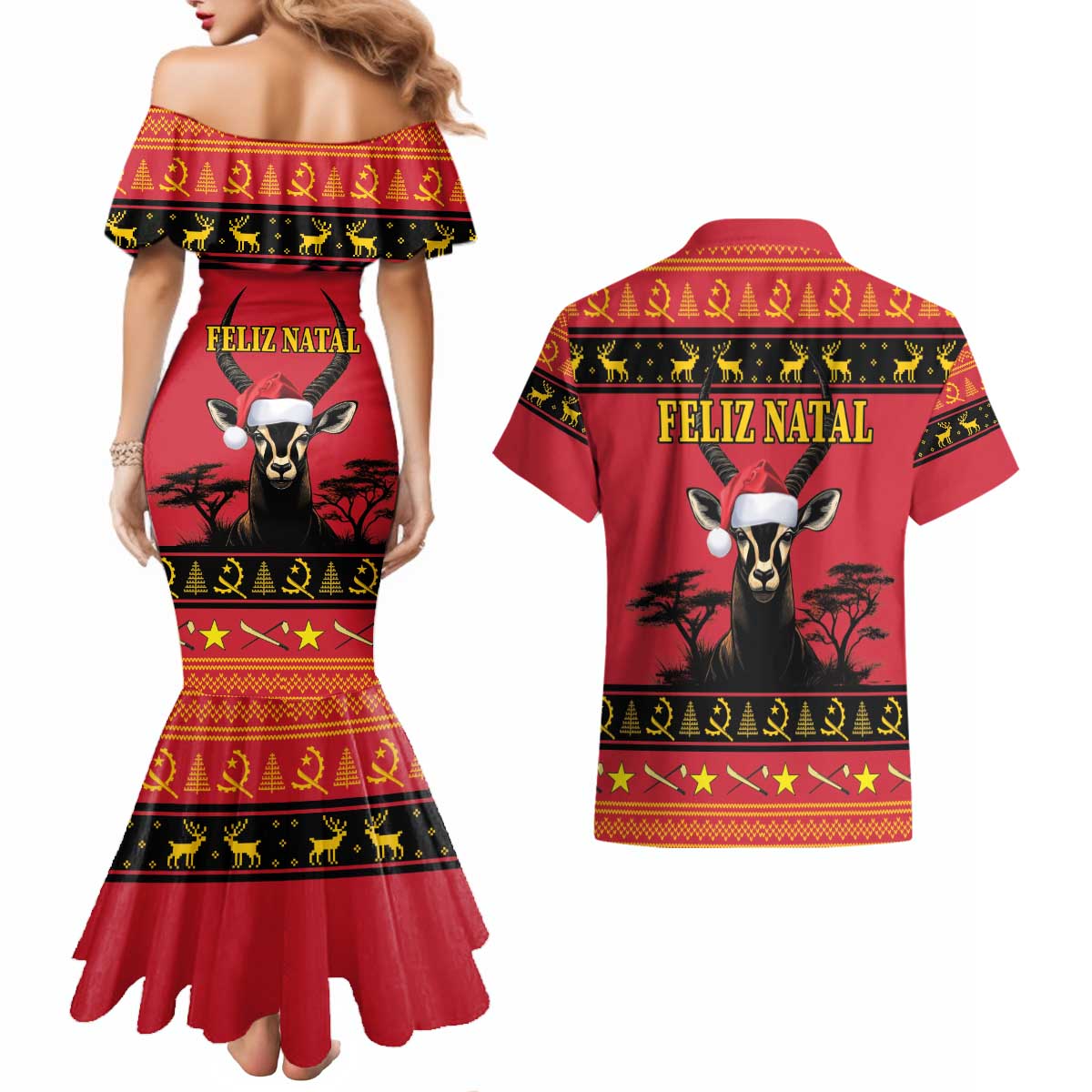 Angola Christmas Couples Matching Mermaid Dress and Hawaiian Shirt Giant Sable Antelope Virtus Unita Fortior - Wonder Print Shop